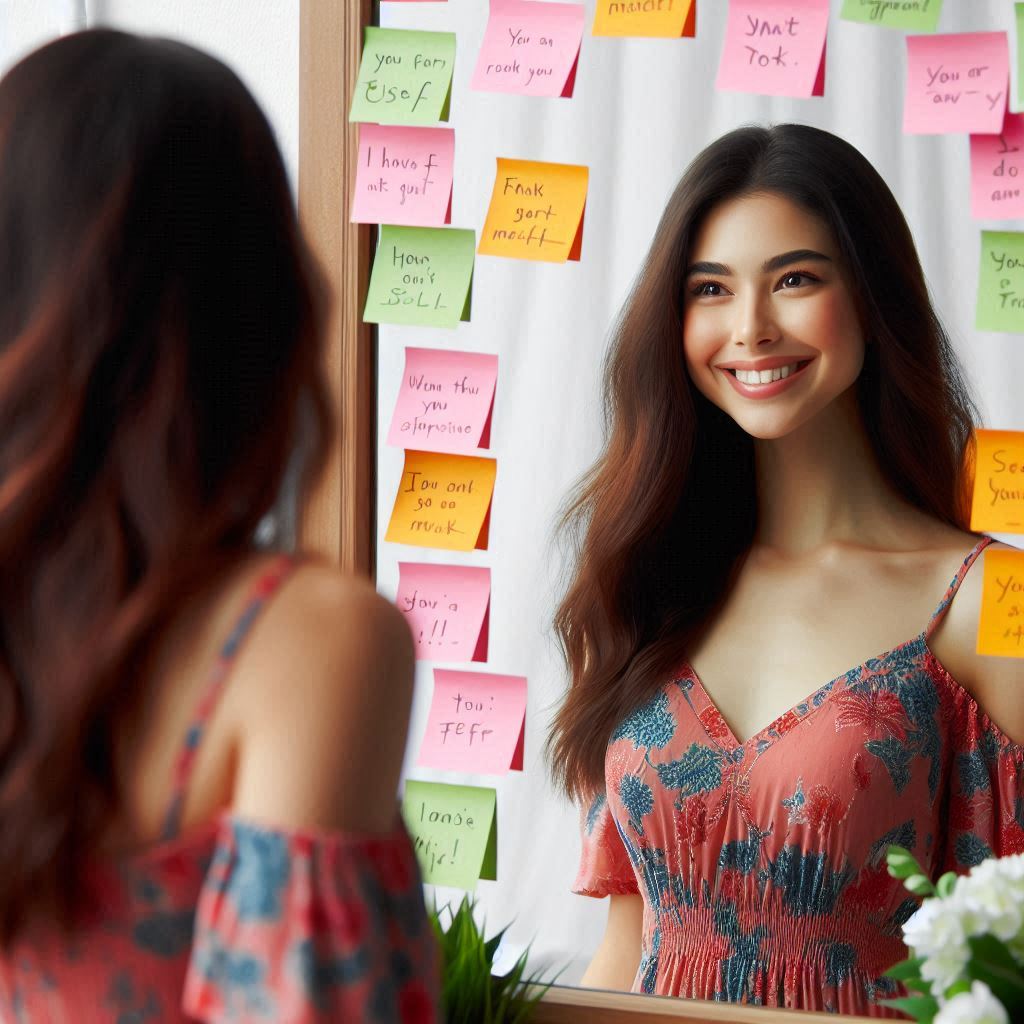 دختری که جلوی آینه ایستاده است و امبدینگ لاغری انجام داده است