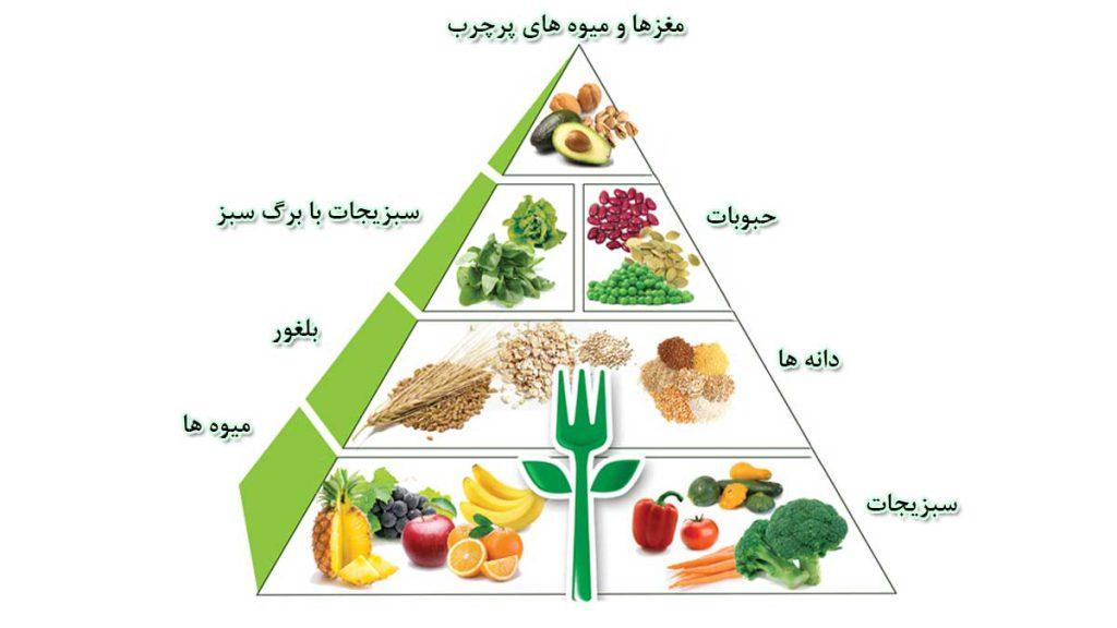 تصویر هرم غذایی رژیم وگان را نشان می دهد که شامل غذاهای مجاز رژیم وگان سبزیجات، دانه ها، جبوبات، مغزها و میوه های پر چرب، سبزیجات با برگ سبز، بلغور و میوه ها است 