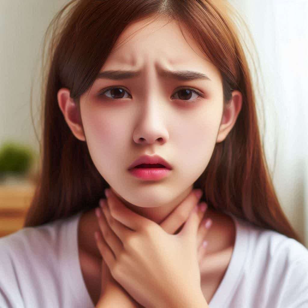 دختری که دچار گلودرد شده است