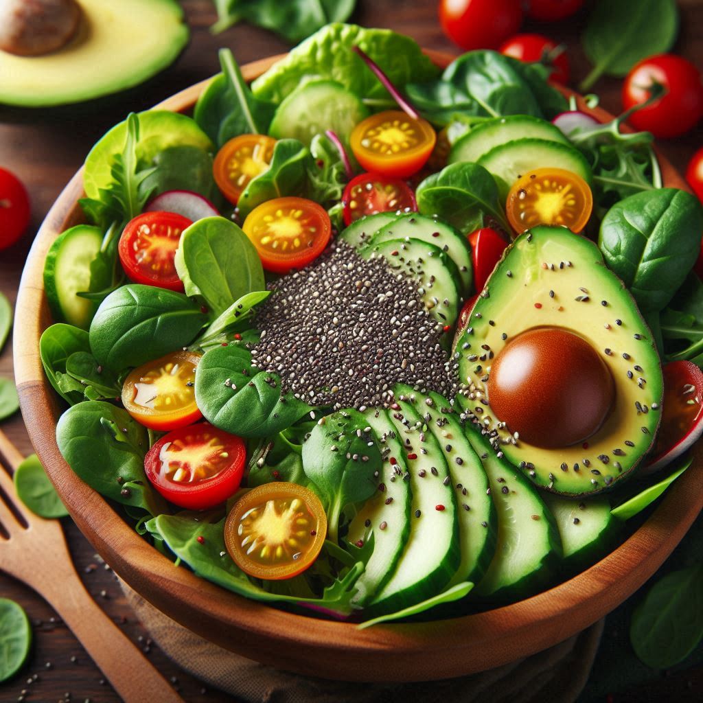 سالادی از سبزیجات که در آن دانه چیا برای لاغری است