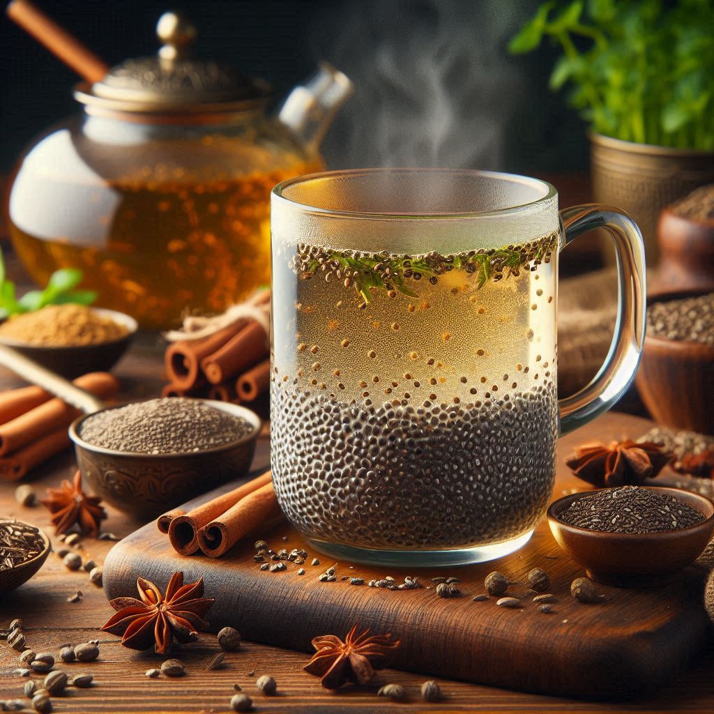 عرق زیره و دانه چیا در یک لیوان آب جوش