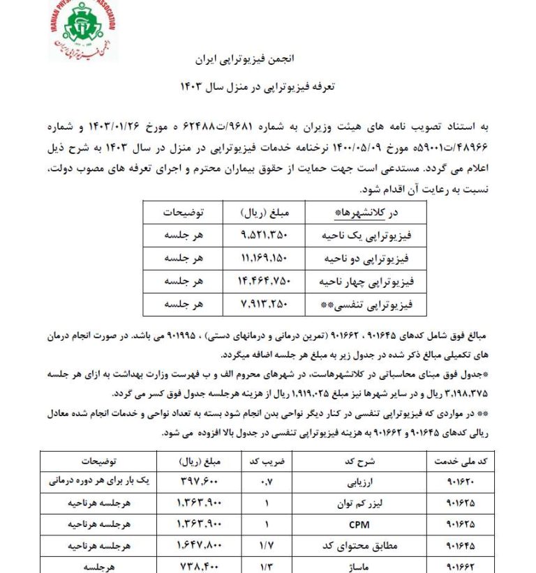 تعرفه فیزیوتراپی در منزل ۱۴۰۳
