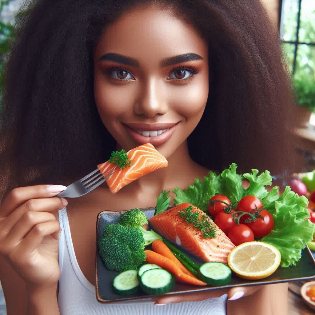 دختری که دارد ماهی غزل آلا و سبزیجات بو داده میخورد