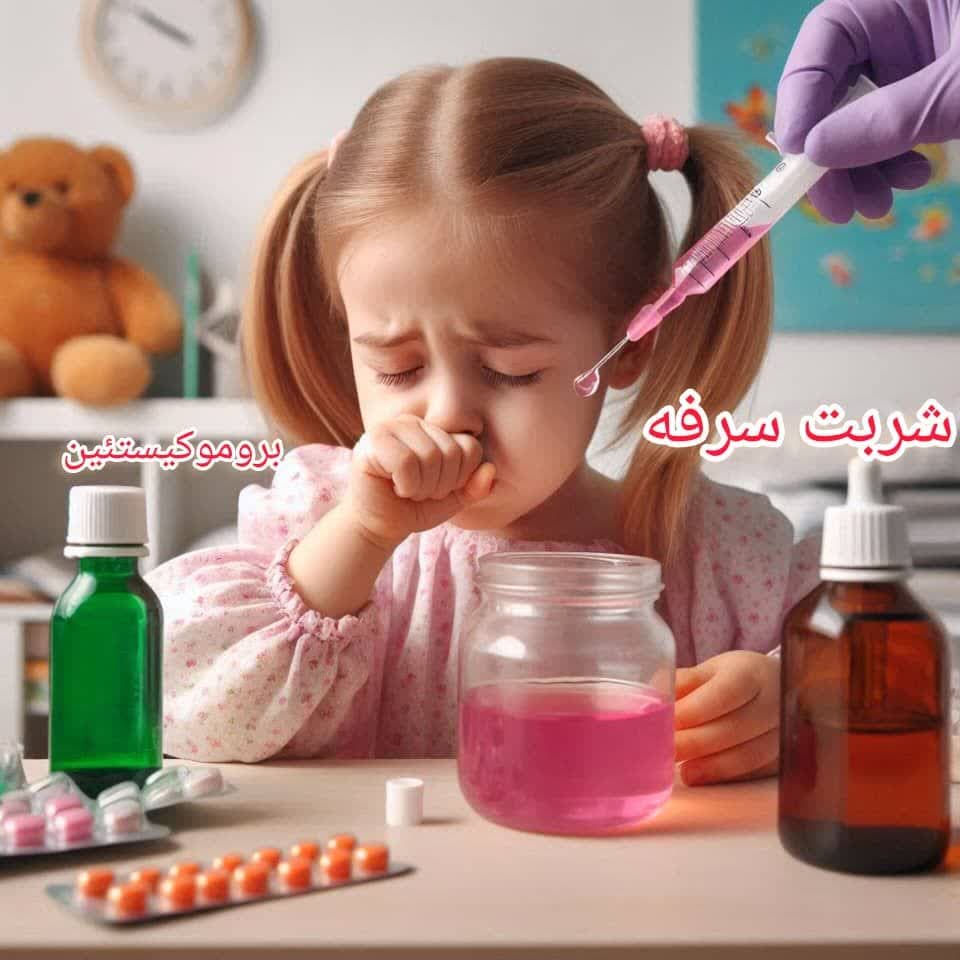 کودکی که دارد سرفه می کند ومادرش به او شربت سرفه بروموکیستئین می دهد