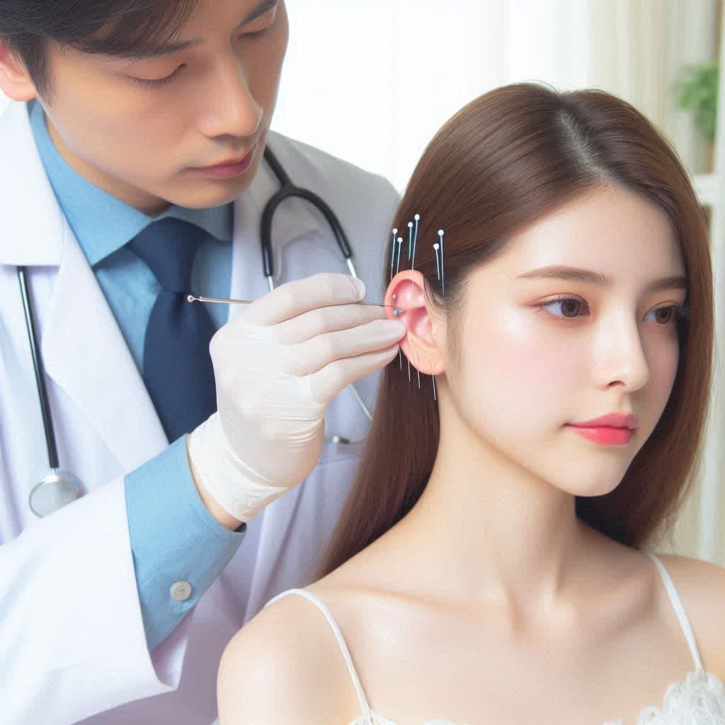 آقای دکتر در حال طب سوزنی گوش بر روی یک خانم جوان