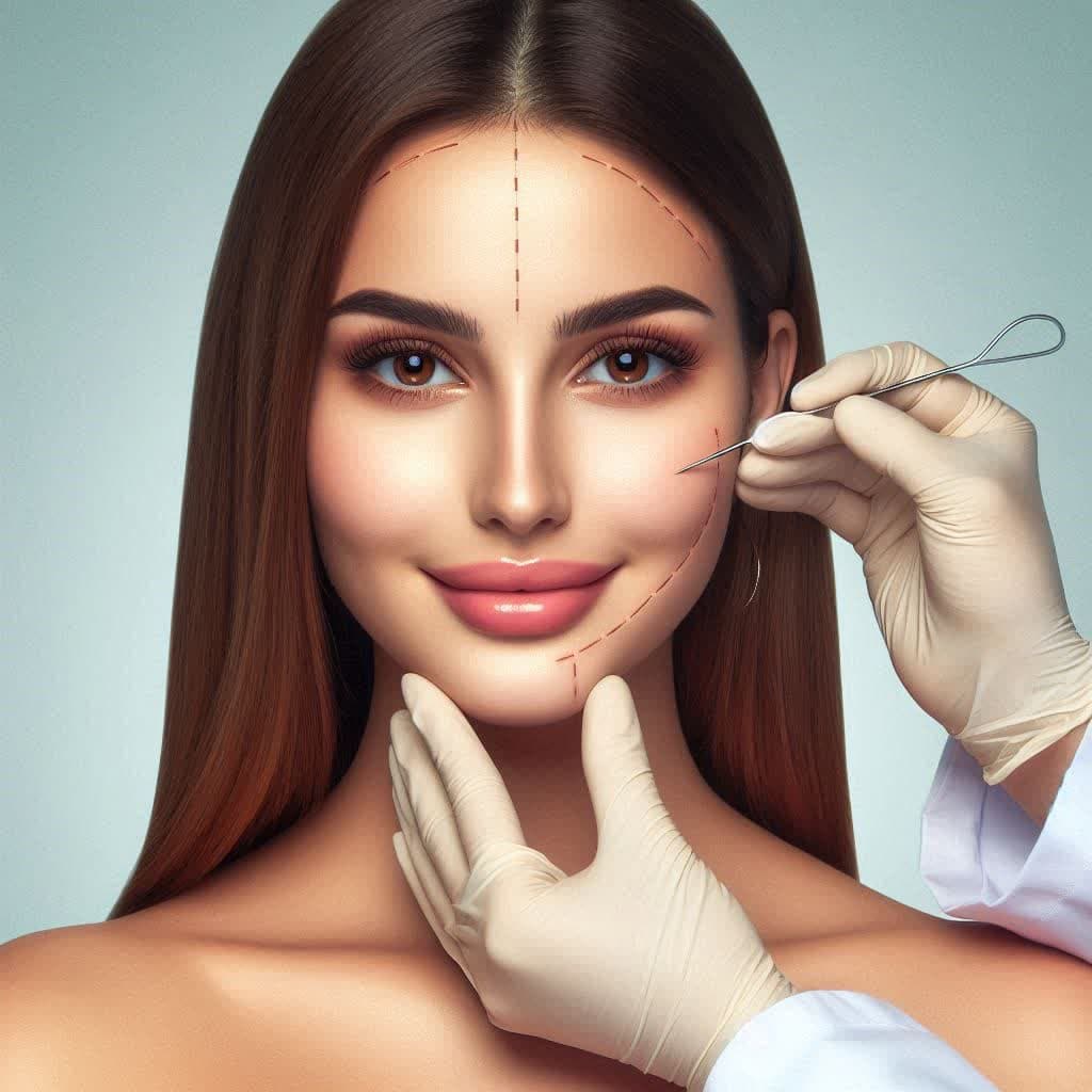 پزشک با نخ و سوزن امبدینگ روی صورت خانم ,عمل امبدینگ صورت انجام می دهد