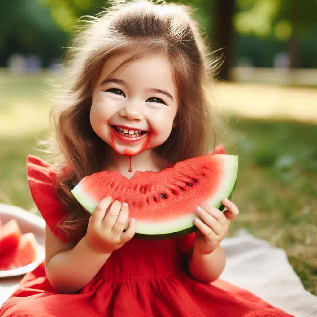 دختر بچه ای که در حال خوردن هندوانه می باشد