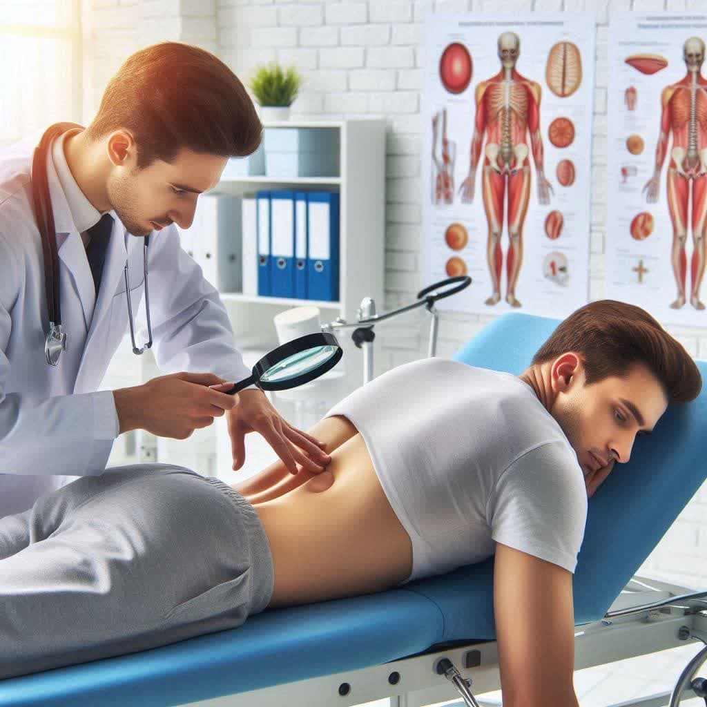 معاینه کمر بیمار توسط پزشک متخصص