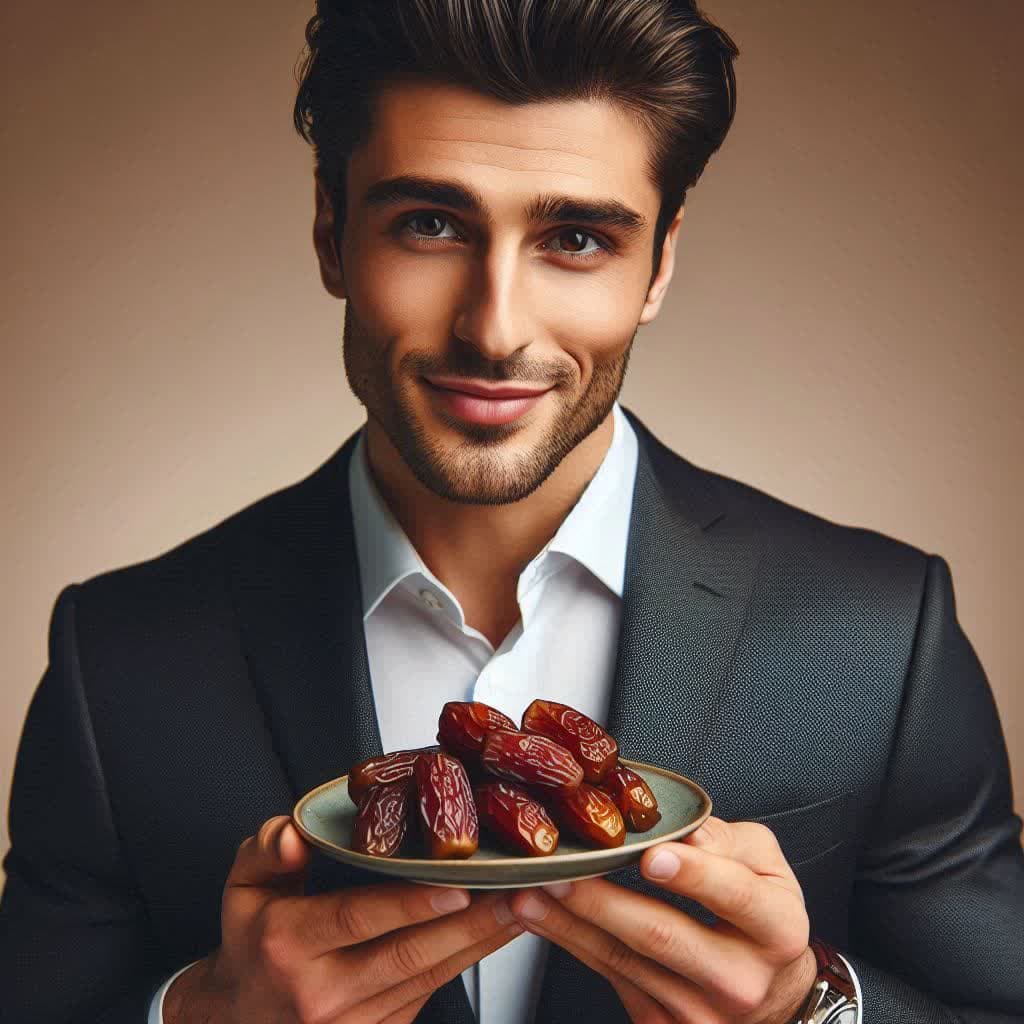 خرما در دست آقا که به عنوان رژیم غذایی مناسب بیماران پارکینسون استفاده می شود