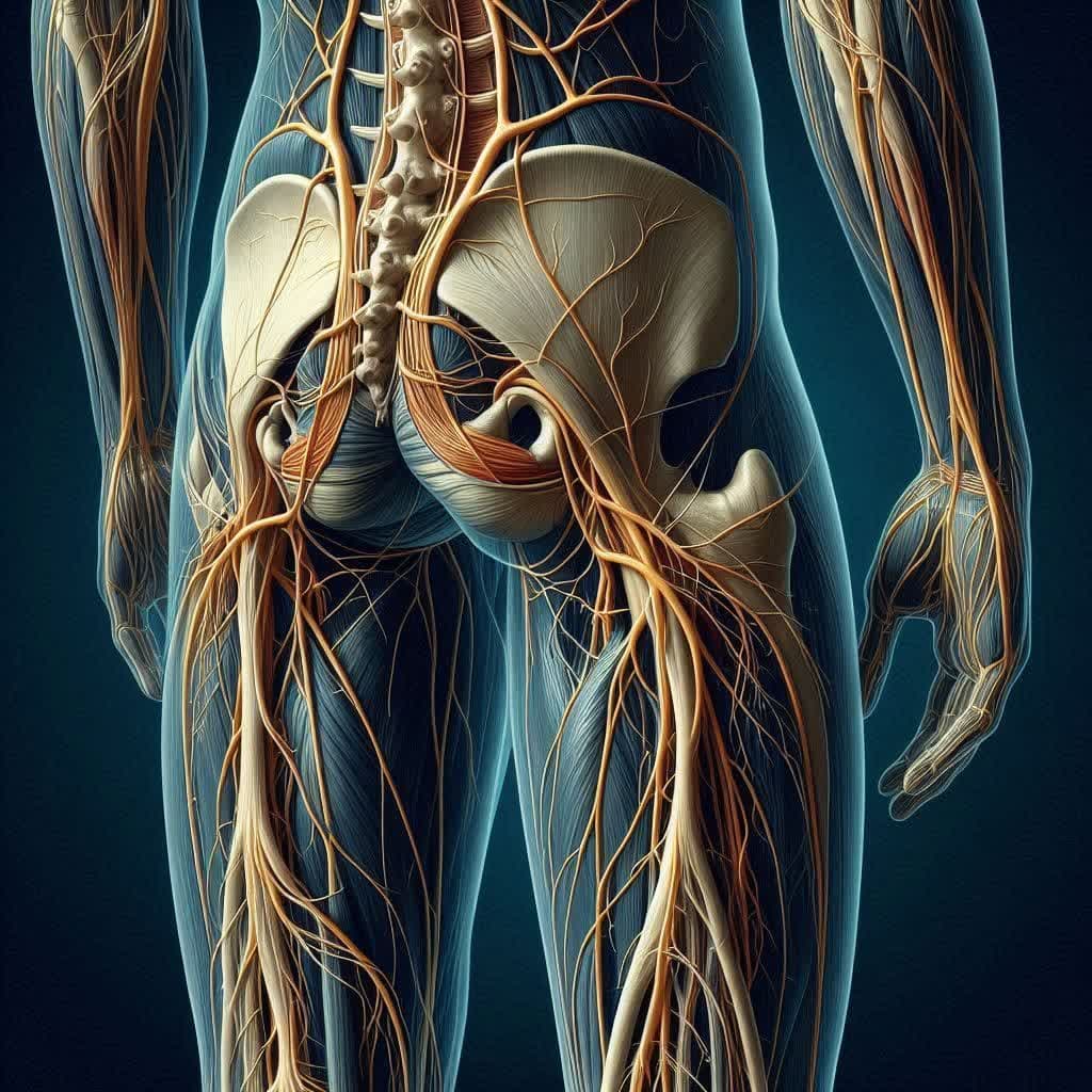 عصب سیاتیک از ناحیه باسن شروع شده و در مسیری مستقیم در پشت ران تا ناحیه زانو امتداد مییابد