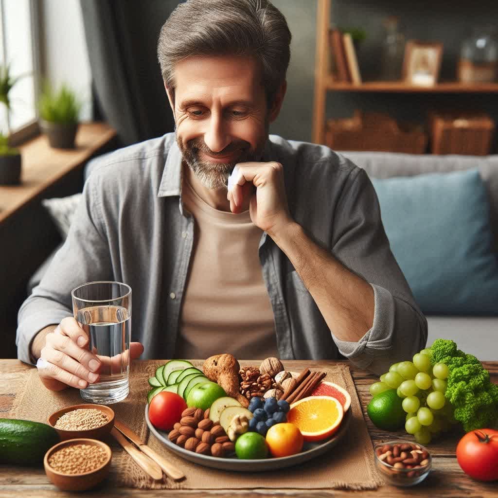 آقایی که برای درد زانویش مواد غذایی سالم می خورد