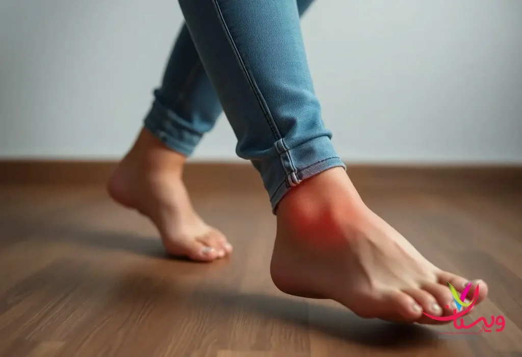 یک زن در حال راه رفتن با درد پاشنه پا