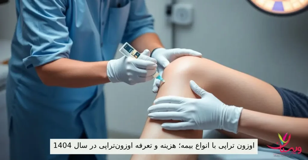 اوزون تراپی با انواع بیمه؛ هزینه و تعرفه اوزونتراپی در سال 1404| یک اپراتور در حال انجام اوزون تراپی روی زانوی بیمار